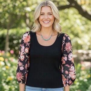 Dolan Left Coast Collection Black Ribbed Top Floral Puff Sleeve Boho‎ Size XS